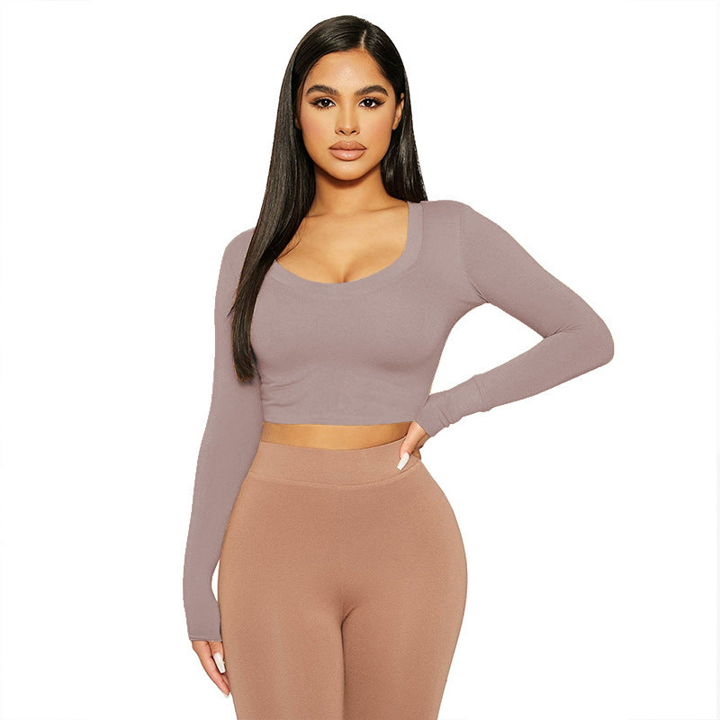 Slim-Fit U-Neck Long Sleeve Base Layer Top – Elegant Patchwork Design