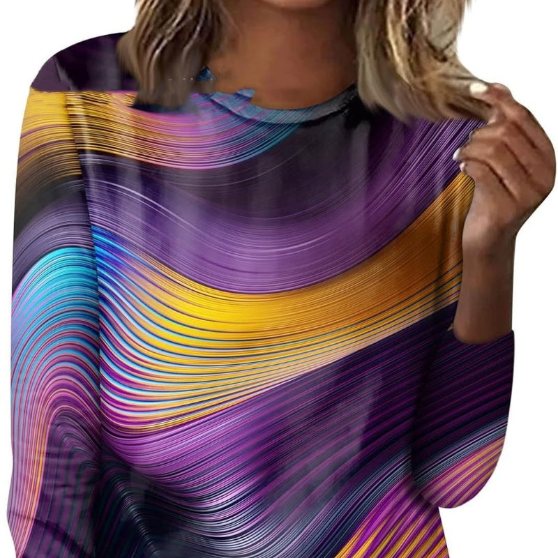 Floral Geometric Print Long Sleeve Round Neck Pullover
