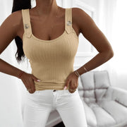 Metal Button Vest Top – Chic Apricot Short‑Sleeve Blouse