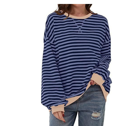 Casual Striped Round Neck Long Sleeve Slim Pullover Top
