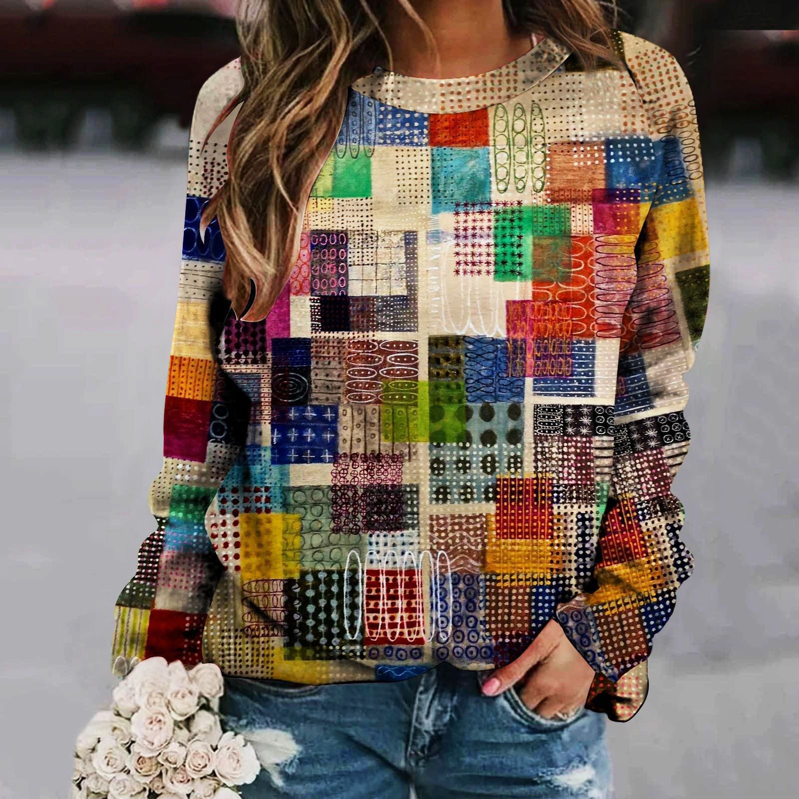 Chic Patchwork Raglan Long Sleeve Women's Sweater