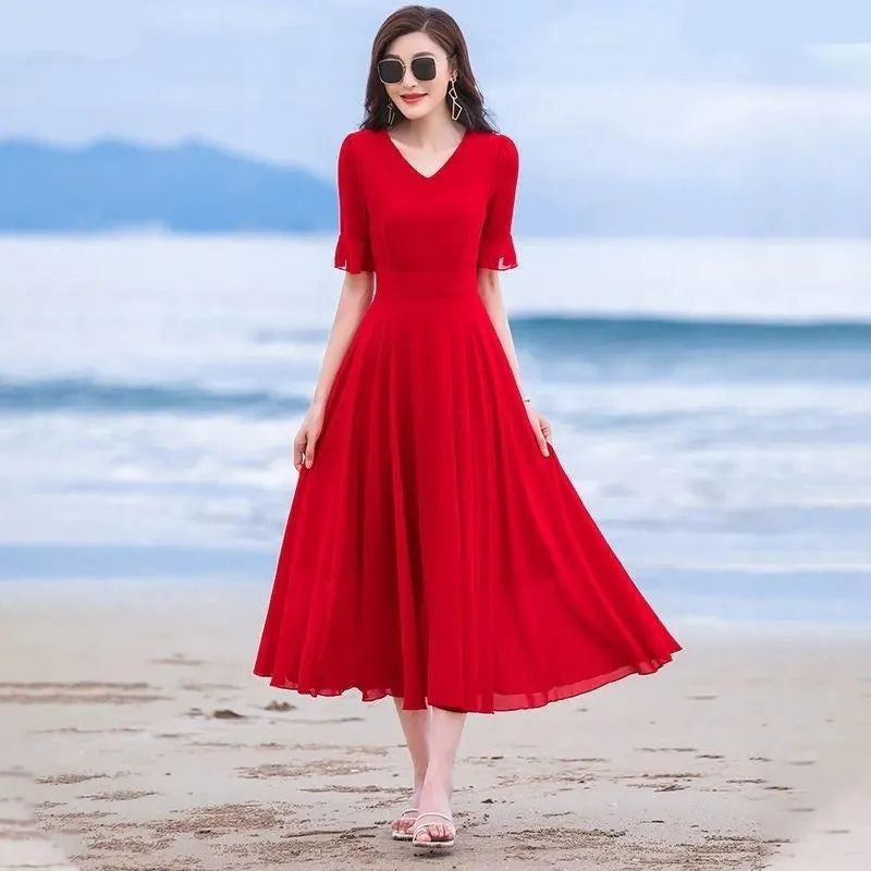 Short-height Long-style Wide-hem Chiffon Dress Ultra-fairy and Elegant Beach Maxi Dress