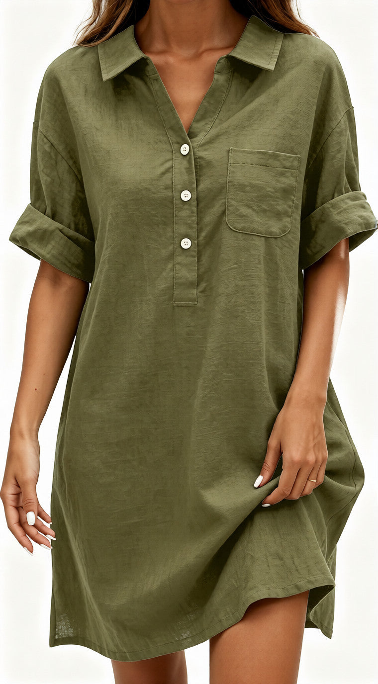 Cotton-linen Solid-color Shirt-collar Casual Breathable Dress