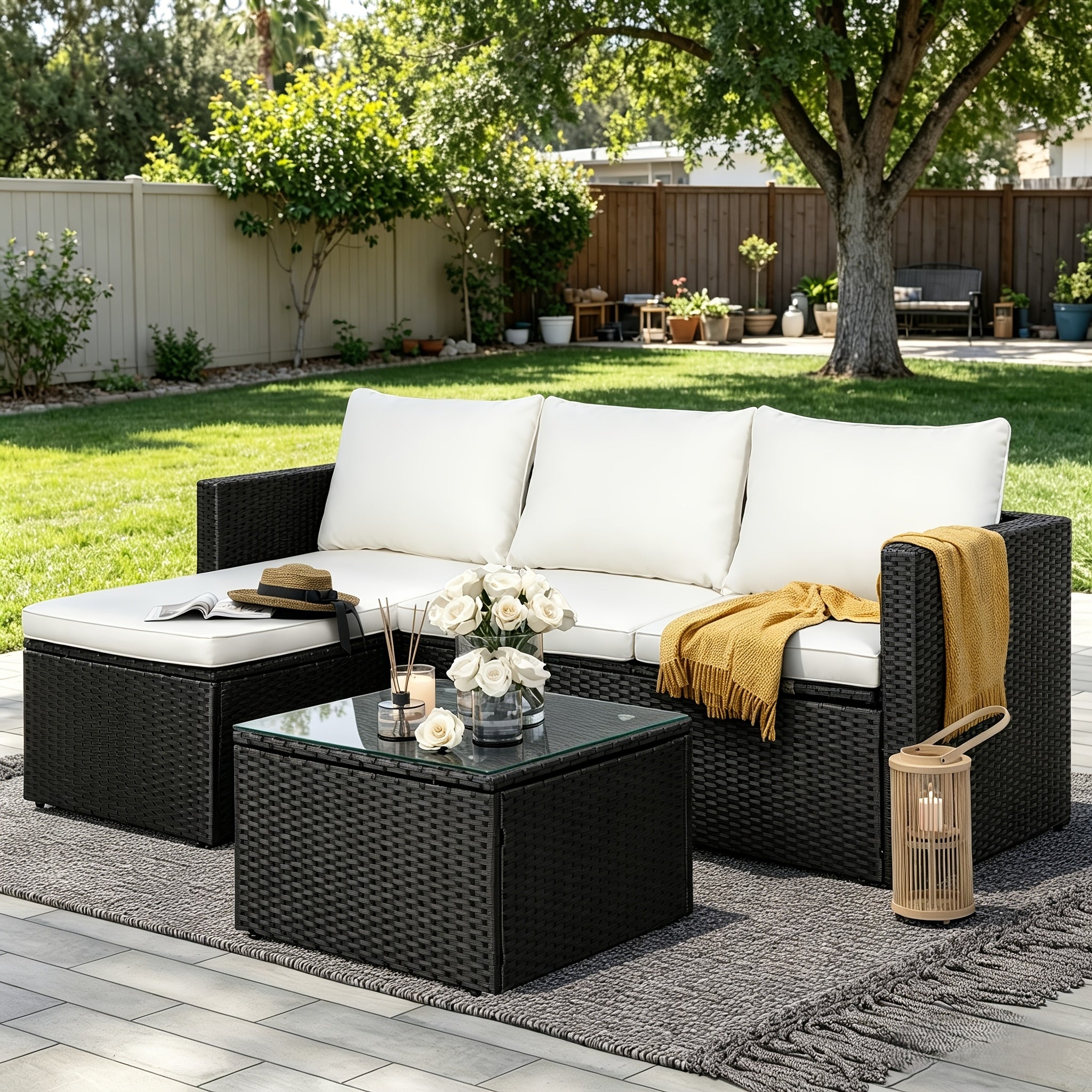 3pcs Outdoor Patio Furniture Set, PE Rattan Sectional Sofa with Detachable Cushions, Glass Coffee Table And Ottoman, Weather-Resistant for Backyard Garden Deck