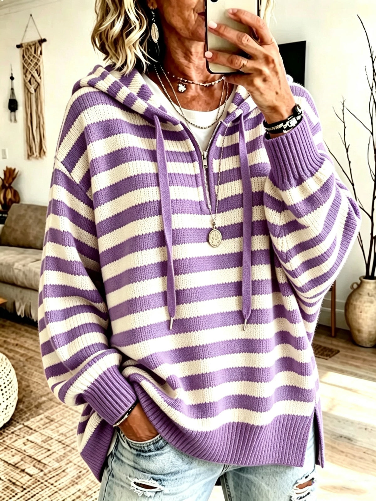 Retro Color-block Striped Half-zip Sweater with a Mock Neck