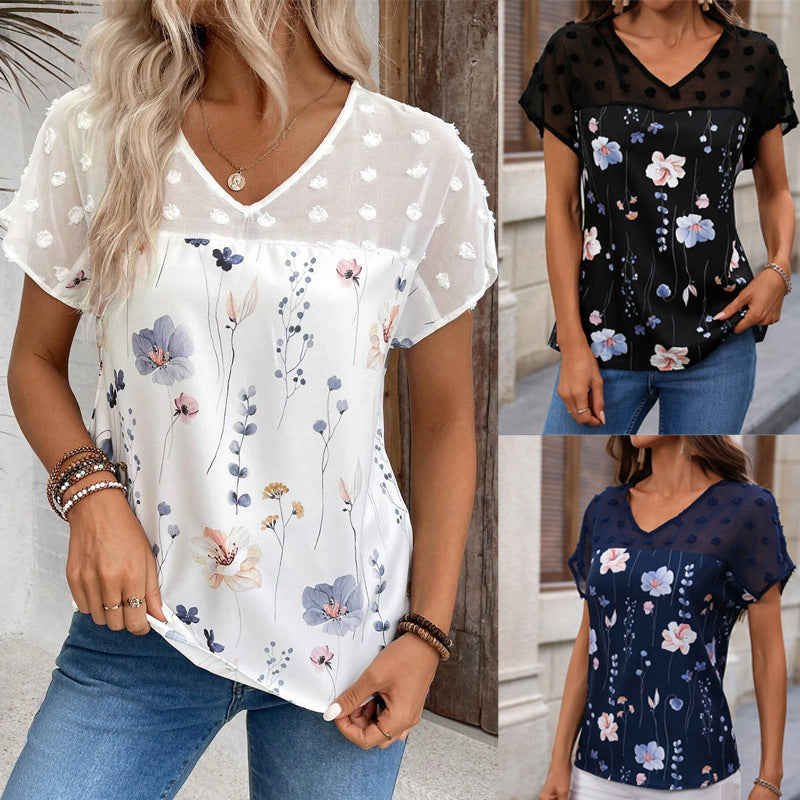 Floral V‑Neck Lace‑Panel Short Sleeve Top – Trendy Street Style