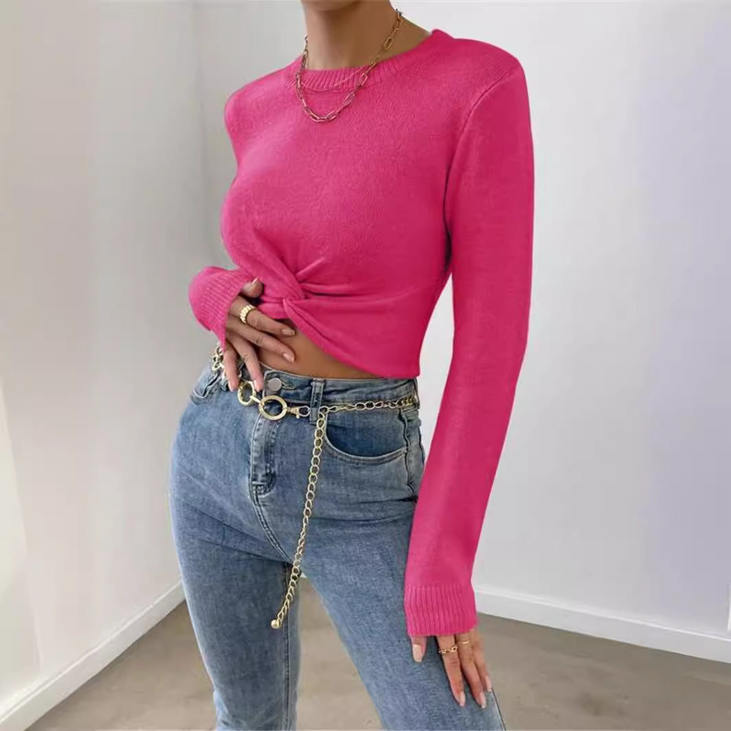 Round Neck Design Cross Knitted Top Sweater for Women