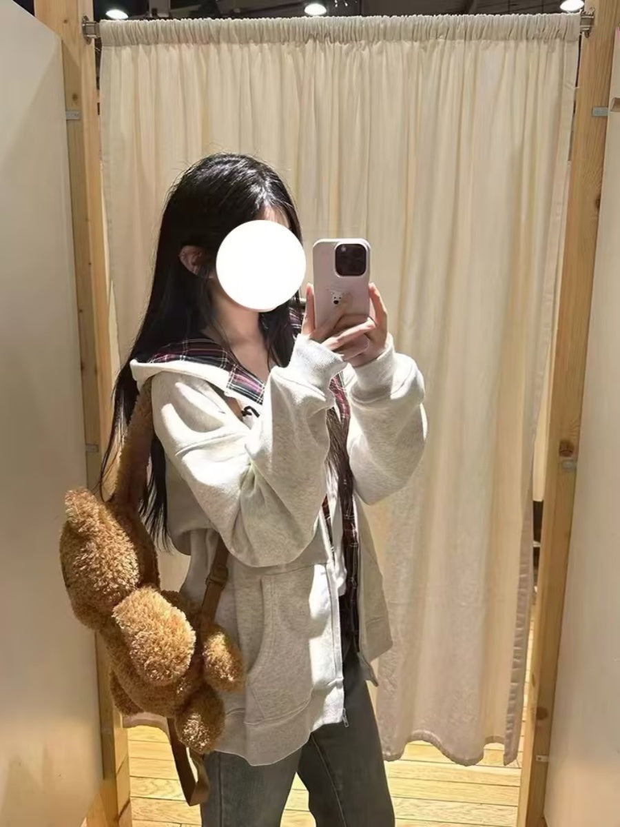 Women's Fleece-Lined Retro Plaid Hooded Cardigan