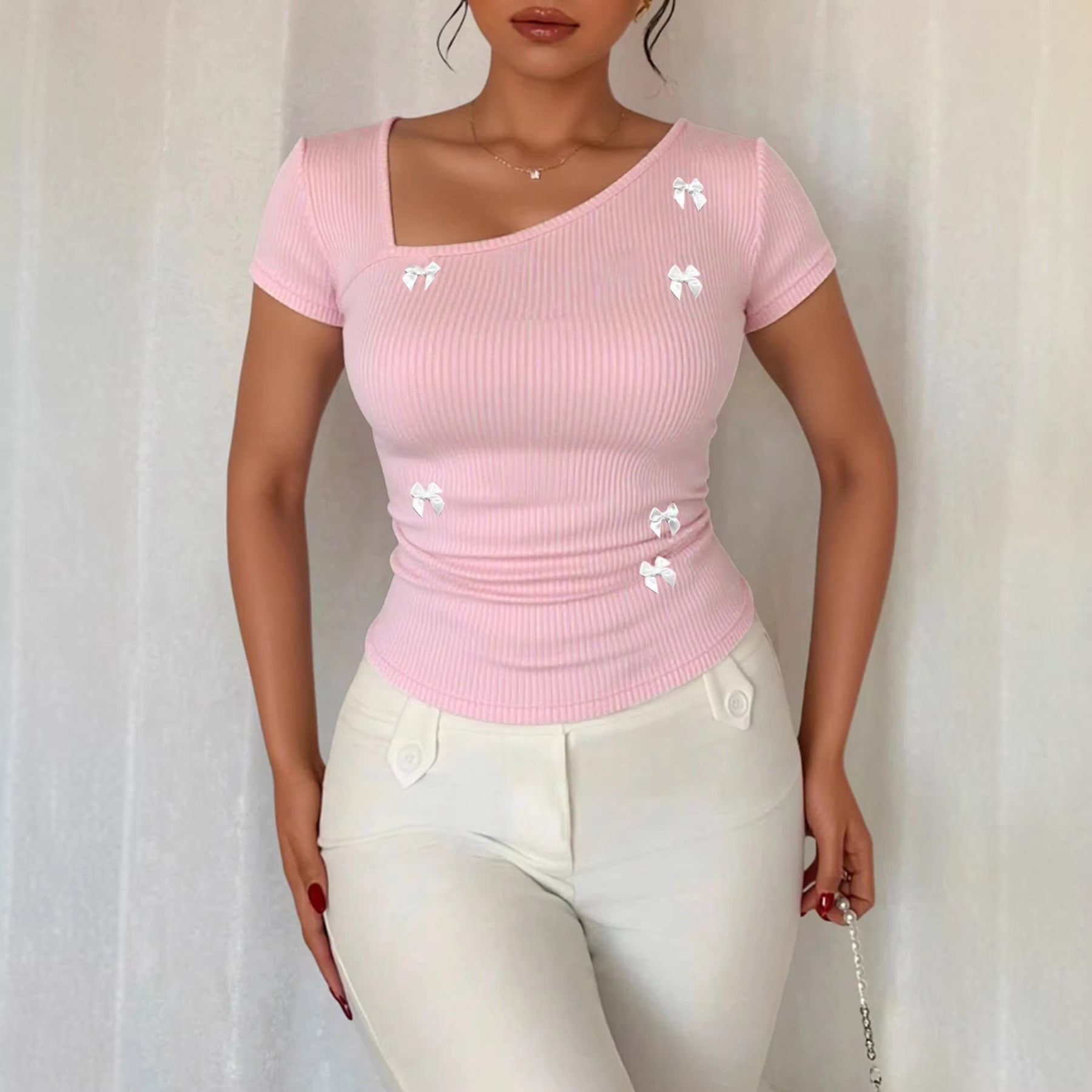 Pink Bow‑Accented Summer Tee – Slim Fit, Slanted Neckline