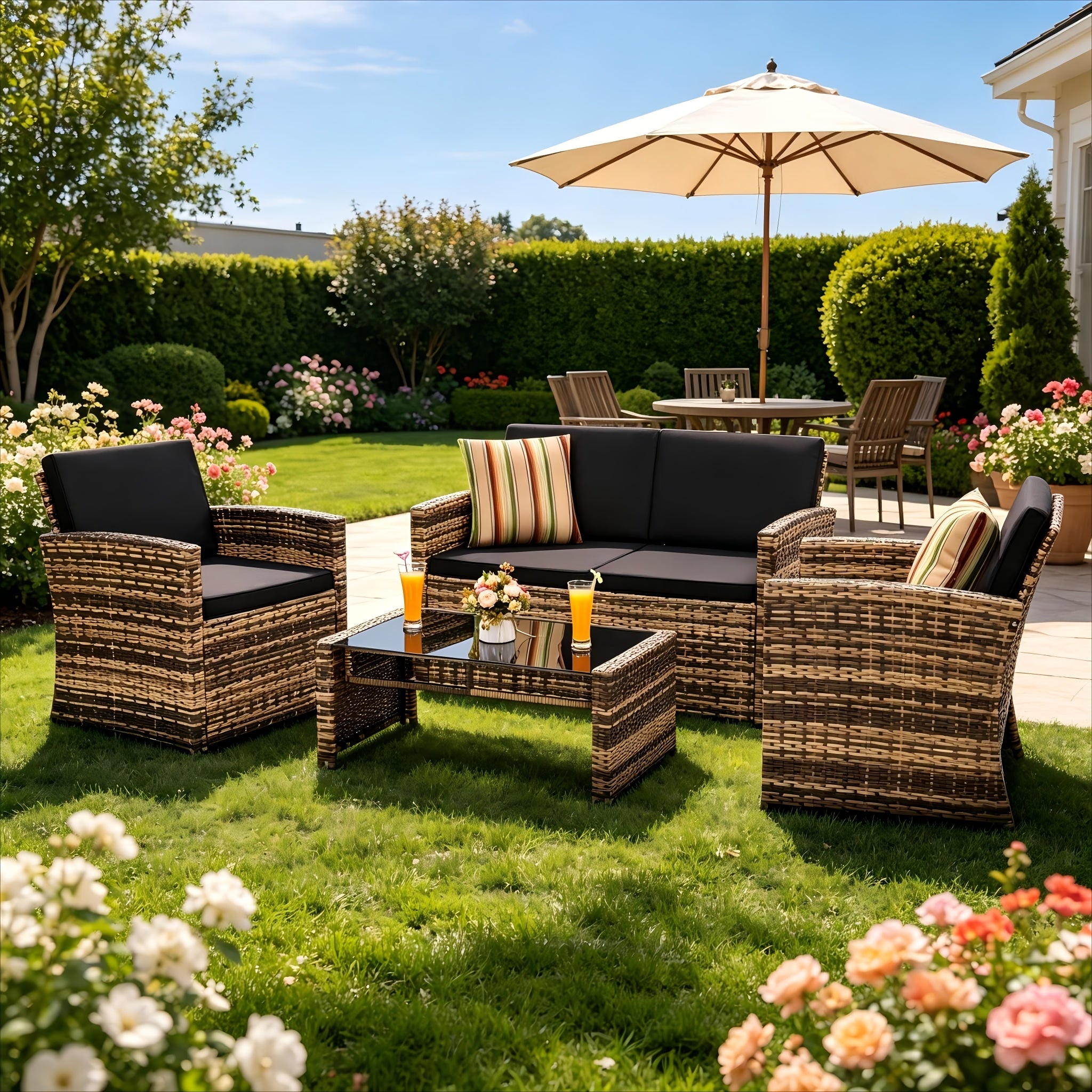 4pcs All-Weather PE Rattan Patio Furniture Set, Outdoor Wicker Sofa with Cushions & Glass Coffee Table for Backyard Garden Balcony