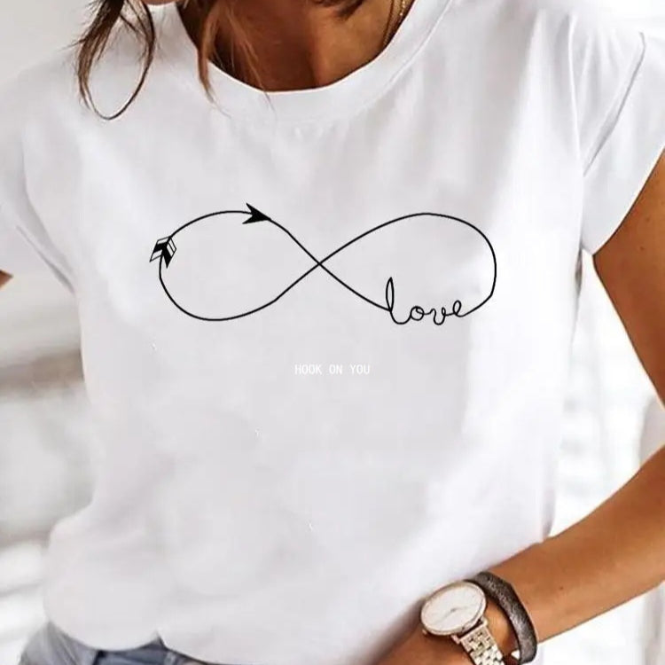 Playful Cartoon Love Letter Tee – Short Sleeve Women’s Top