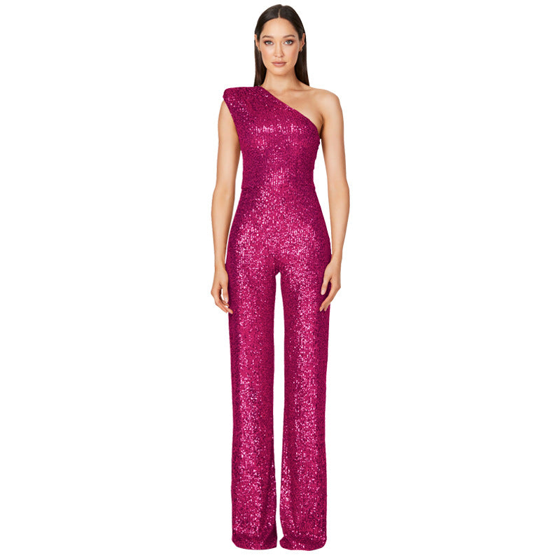 Glamorous One-Shoulder Sequined Wide-Leg Jumpsuit