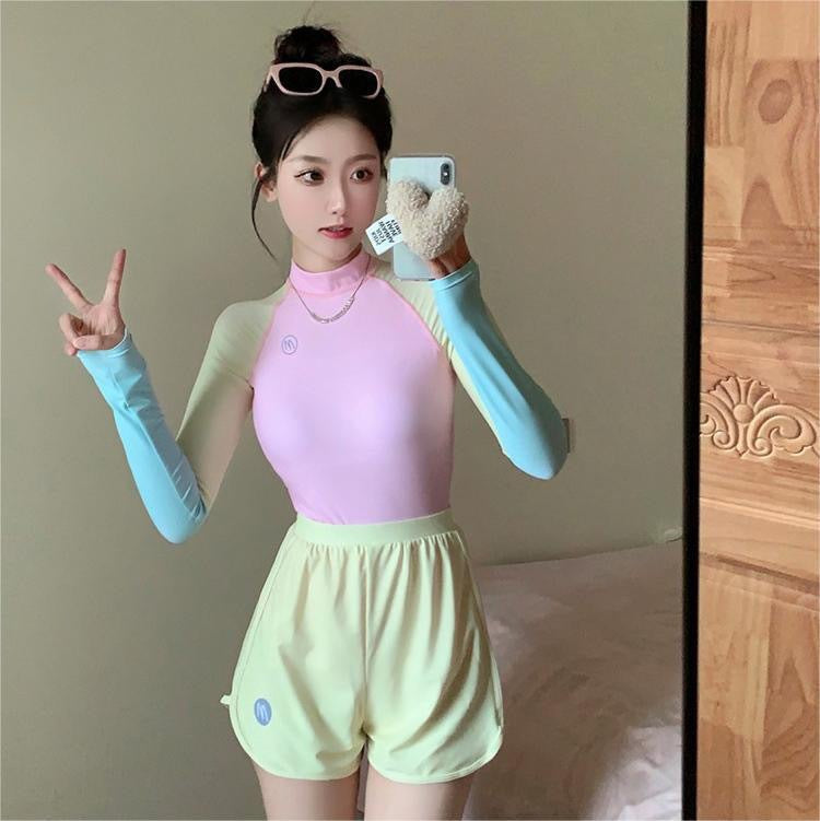Sun Protective Long Sleeve Athletic Shorts One Piece Suit