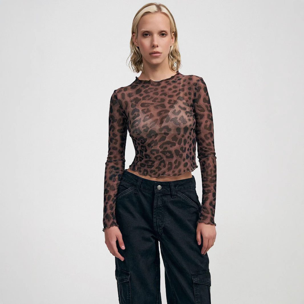 Leopard-Print Mesh Long Sleeve Bodysuit Top – Slim Fit Street Style