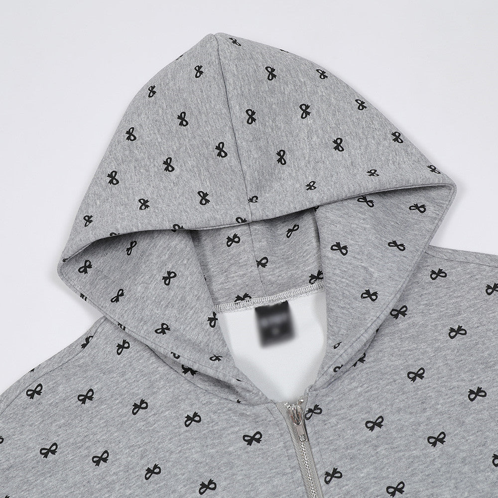 Trendy Bow Print Zip-Up Hoodie Streetwear Sweater