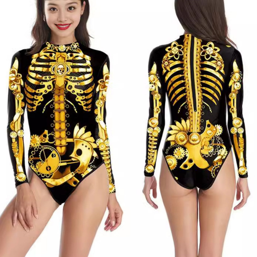 Women's Long-sleeved 3d Digital Printing Skull Skeleton One-piece Swimsuit