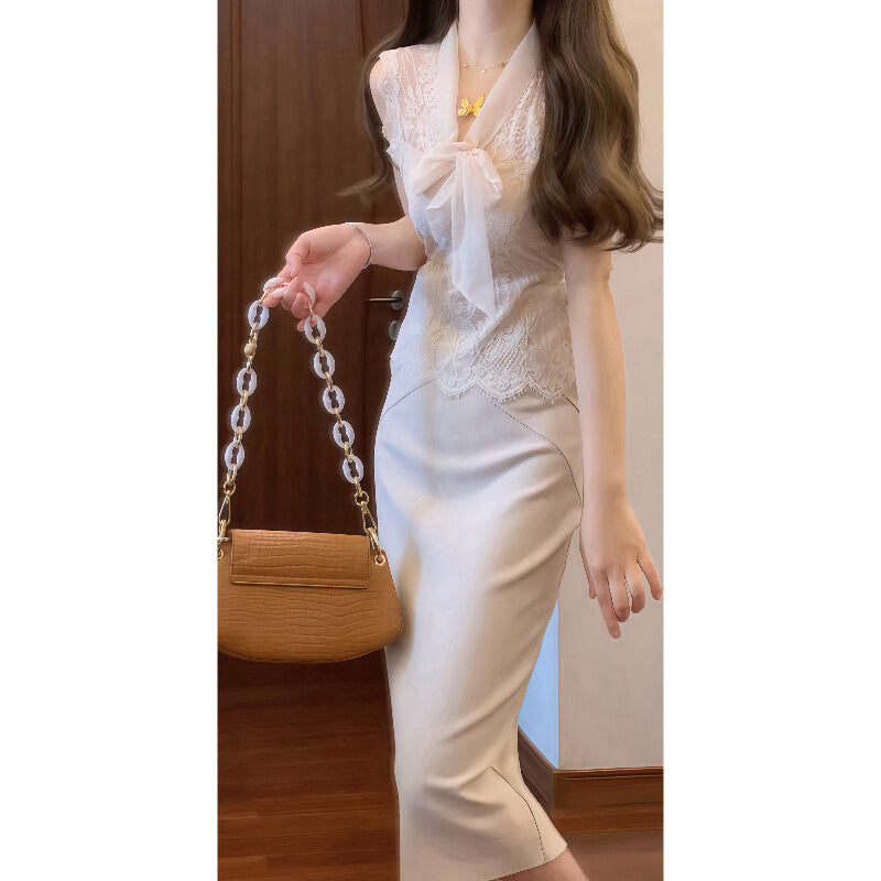 Elegant Beaded Sleeveless Blouse & Sheath Skirt Set