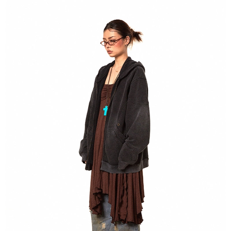American Retro Washed Distressed Hooded Solid Color Hoodie