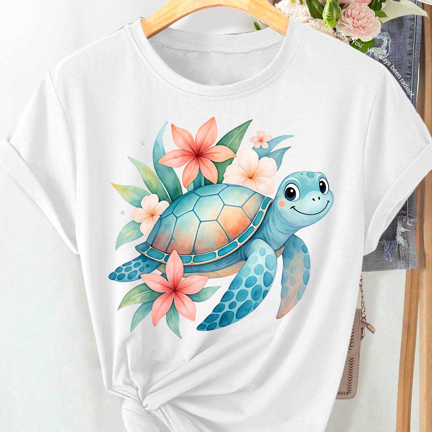 Women's Short Sleeve Round Neck Tunic with Smiling Sea Turtle and Tropical Floral Print