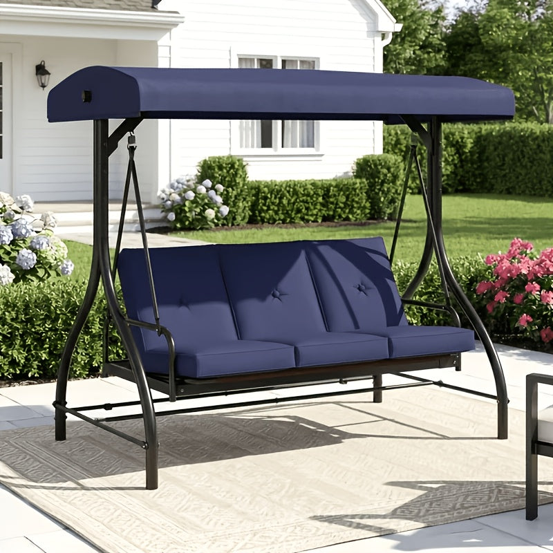 [Patio Swing Glider] 3 Person Patio Porch Swing Outdoor Converting Swing Glider Hammock with Adjustable Canopy, Cushions for Outside Backyard, Garden (Pillow Not Included)