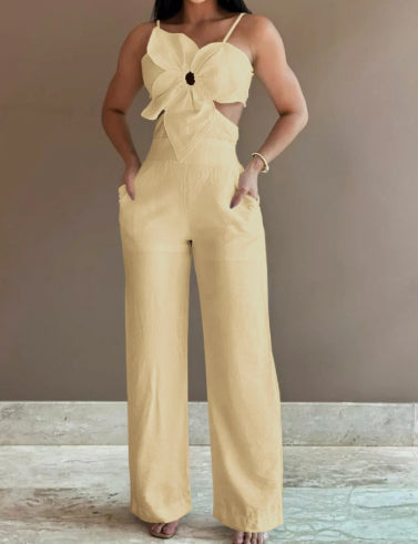 Chic White Floral 3D Sling Romper & One-Piece Trousers