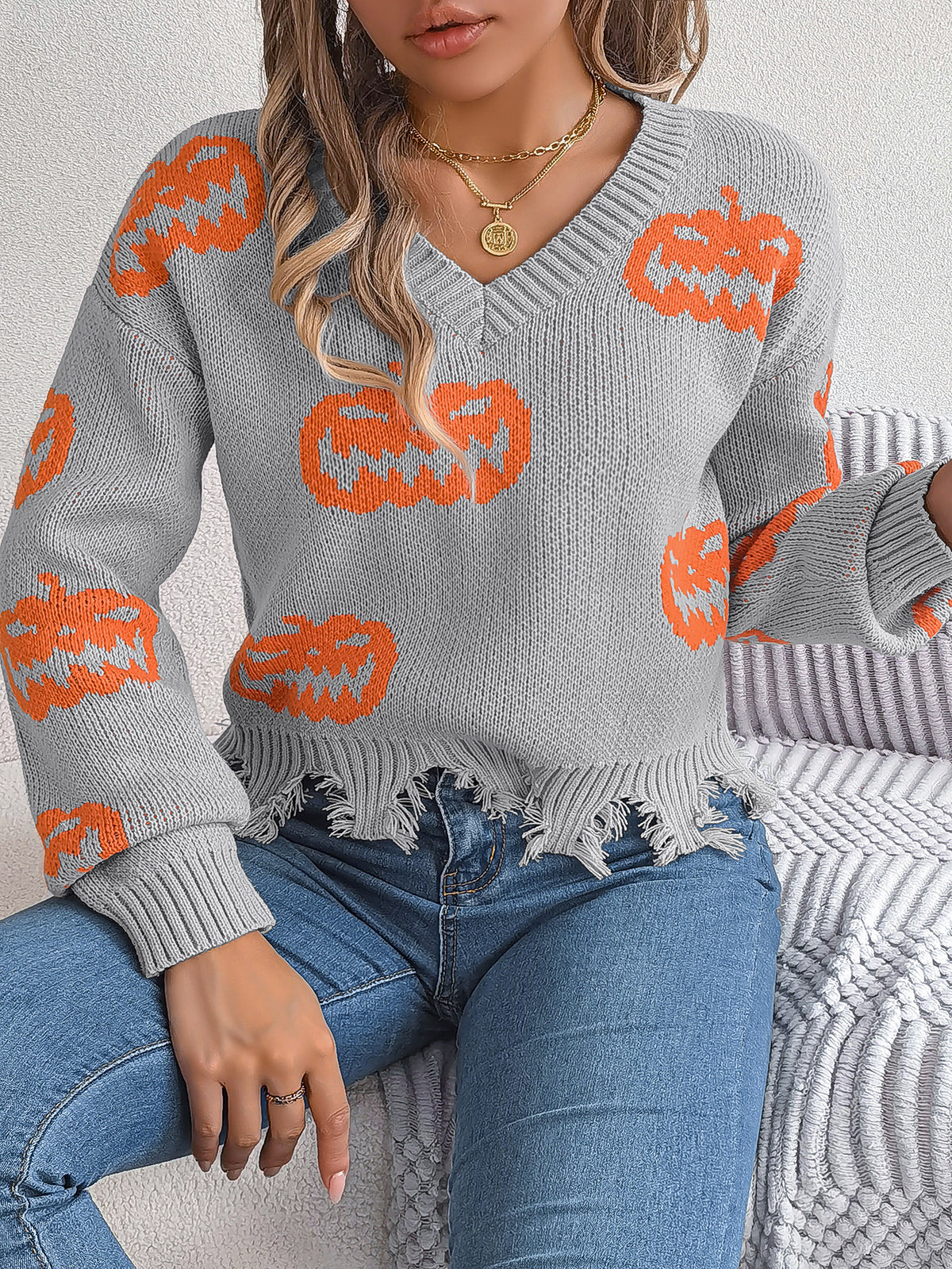 Halloween Contrast Color Pumpkin Cut Long Sleeve Sweater