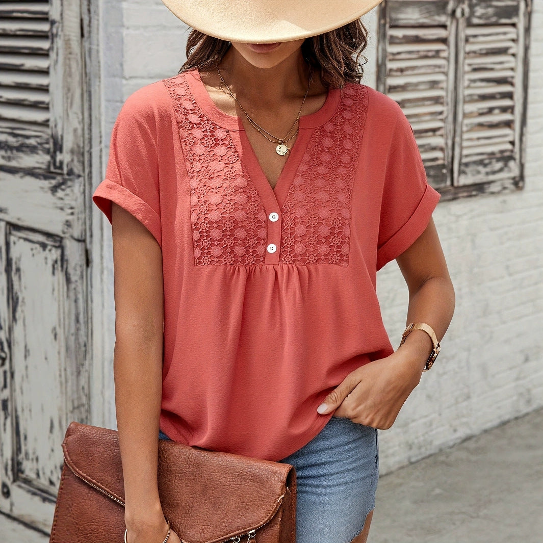Lace V-Neck Short Sleeve Top for Women
