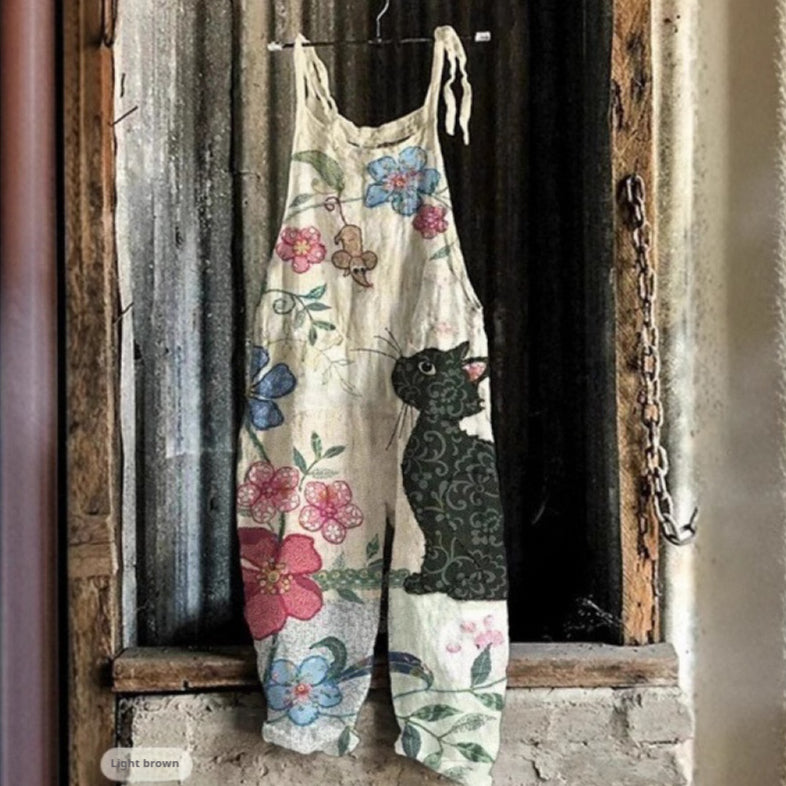 Women's Retro Floral Print Sleeveless Suspender Jumpsuit