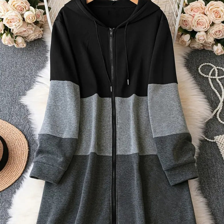 Color Block Patchwork Plus-Size Pocket Hoodie Coat