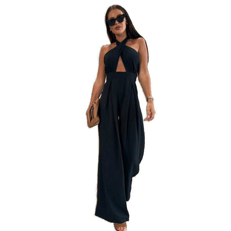 Sexy Halter Backless Waist-Cinching Wide-Leg Jumpsuit
