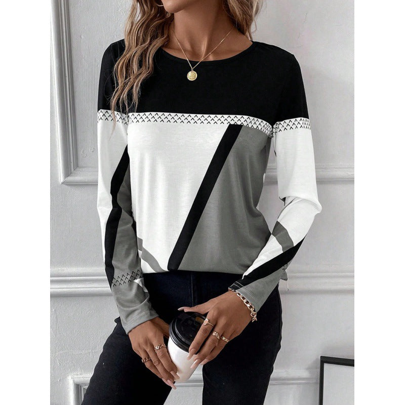 Geometric Print Contrast Stitching Pullover Top