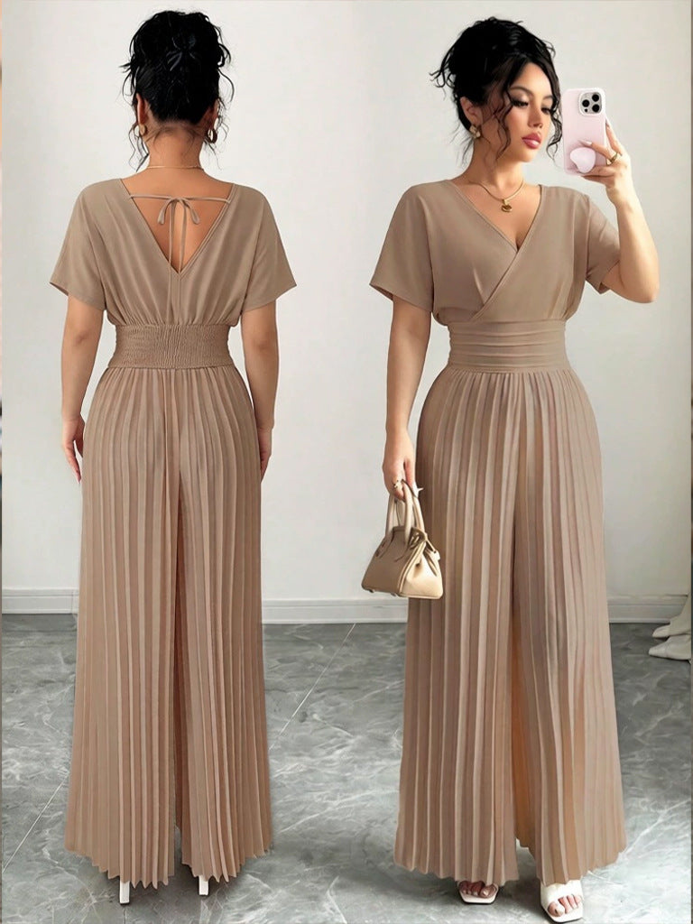 Solid-color Pleated Jumpsuit Pants For Women