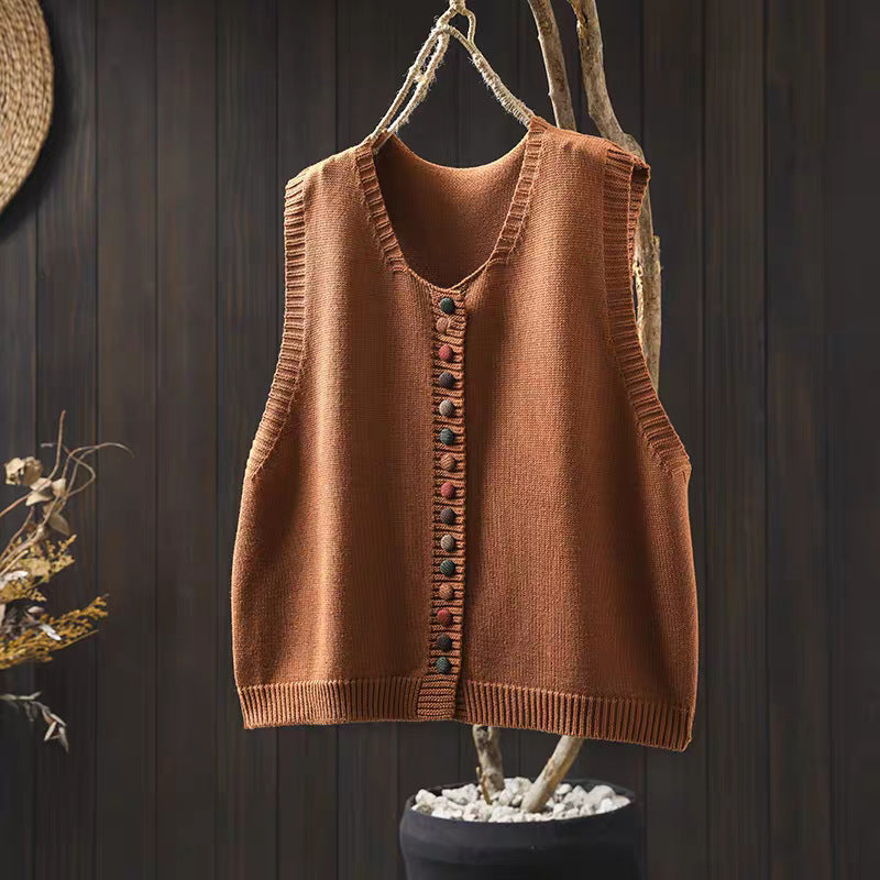 Spring and Autumn Outer Wear Solid Color and V-neck Color Buckle Knitted Cardigan Vest Vest for Women