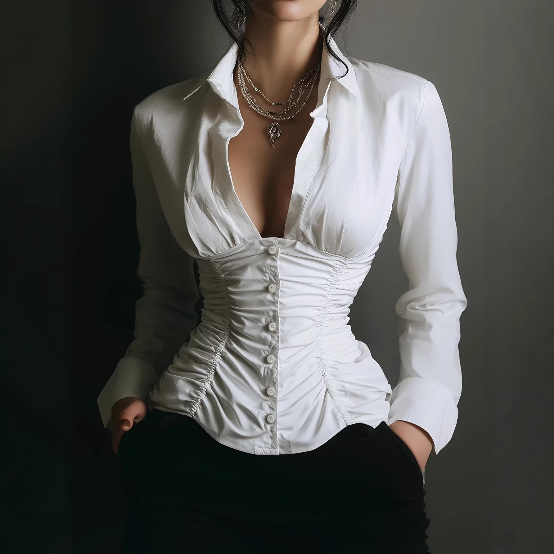 Elegant And Fashionable Womens Shirt With A Deep V-neck Design