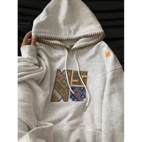 Retro Ethnic Woven Patch Loose Hooded Sweater