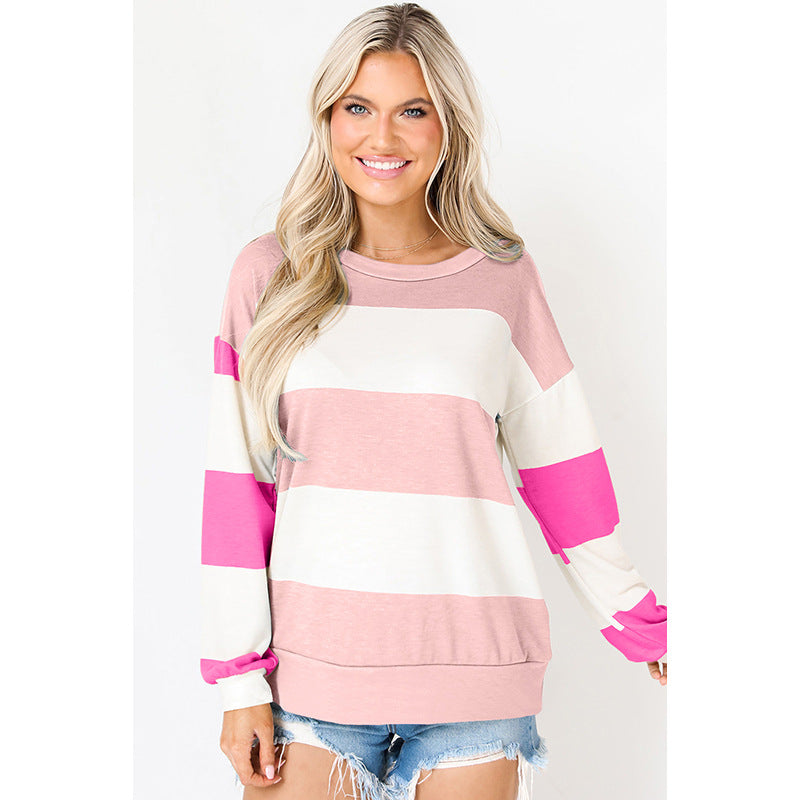 Colorblock Striped Drop-Shoulder Pullover Sweatshirt