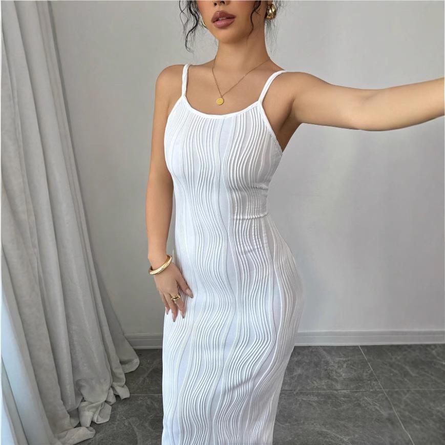 Womens Solid-color Backless Slit Casual Dress
