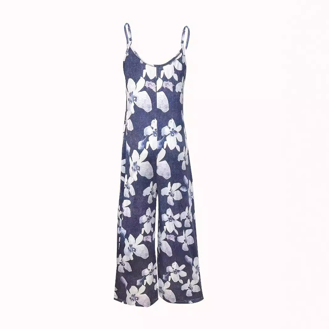 Womens Printed Strap Loose Wide-leg Jumpsuit