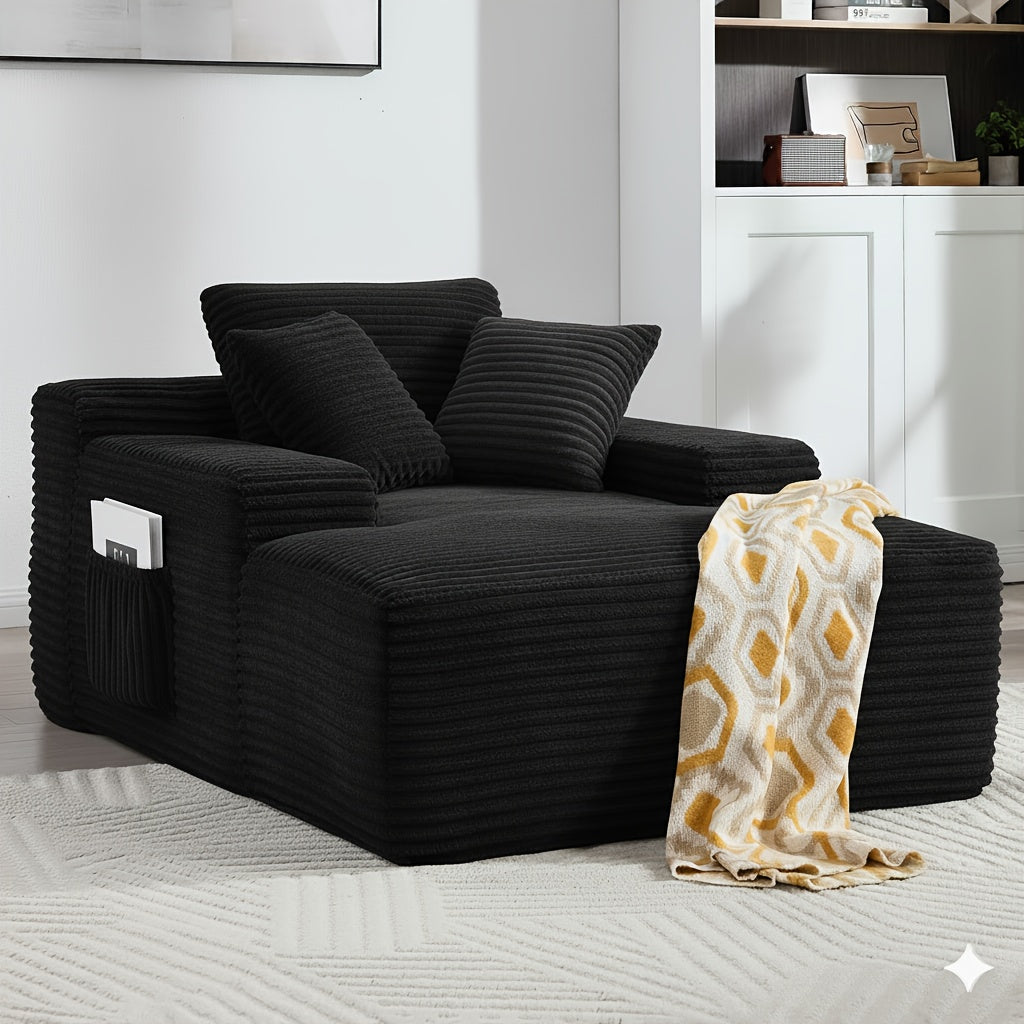 Oversized Corduroy Chaise Lounge Chair – 47.24″ Wide with Armrests and 3 Matching Throw Pillows, Plush Sofa Bed for Living Room