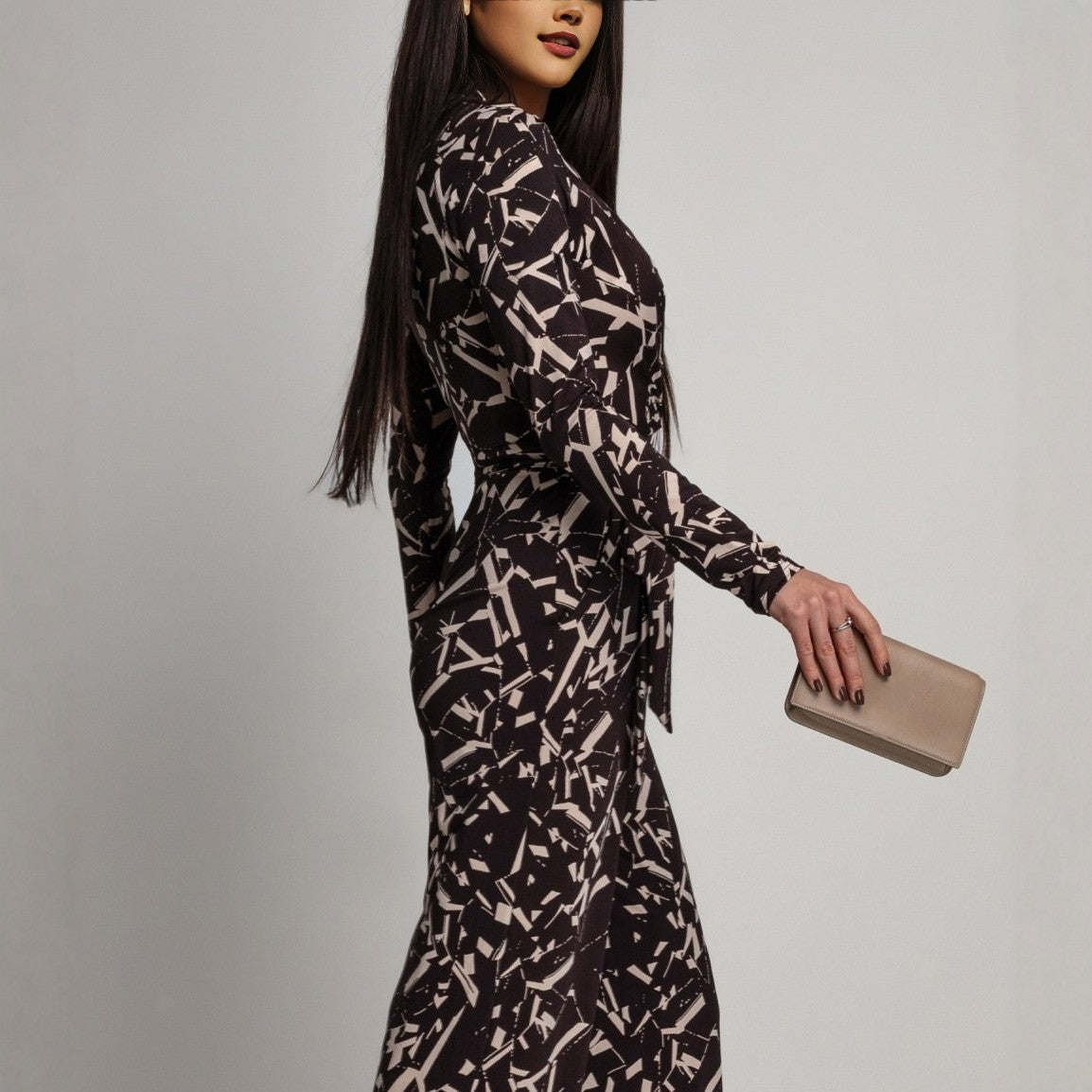 European And American V-neck Printed Long-sleeve Jumpsuit