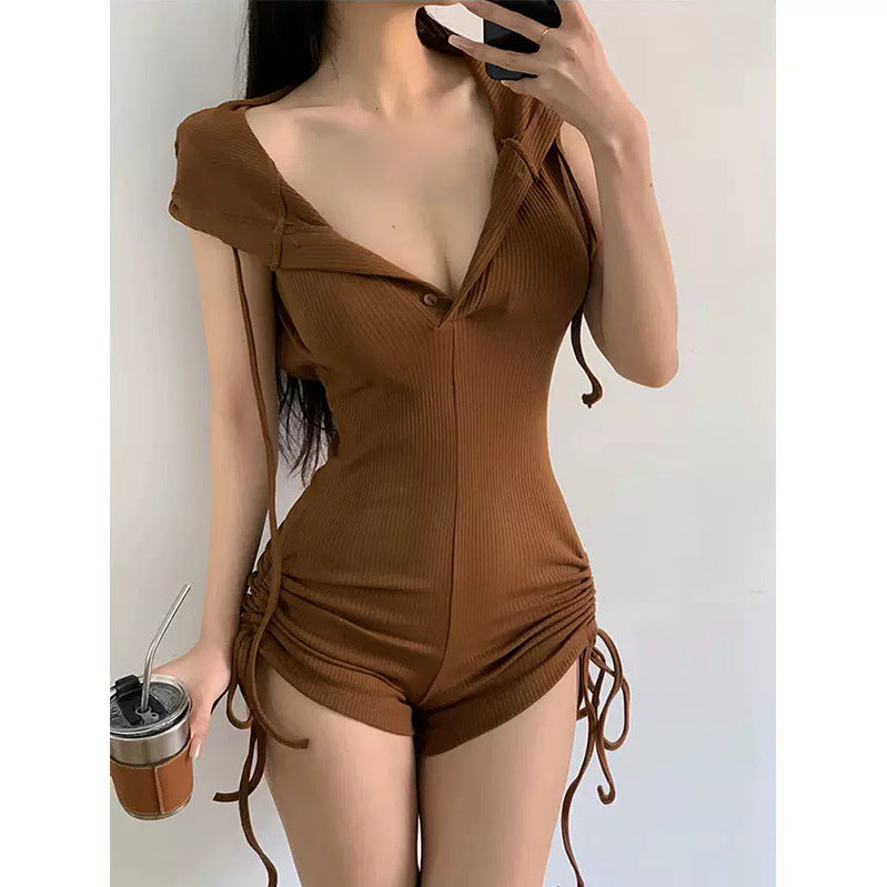 Hooded Backless Fitness Romper Shorts