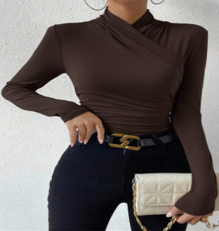 Cross Collar Pleated Slim Long Sleeve Top