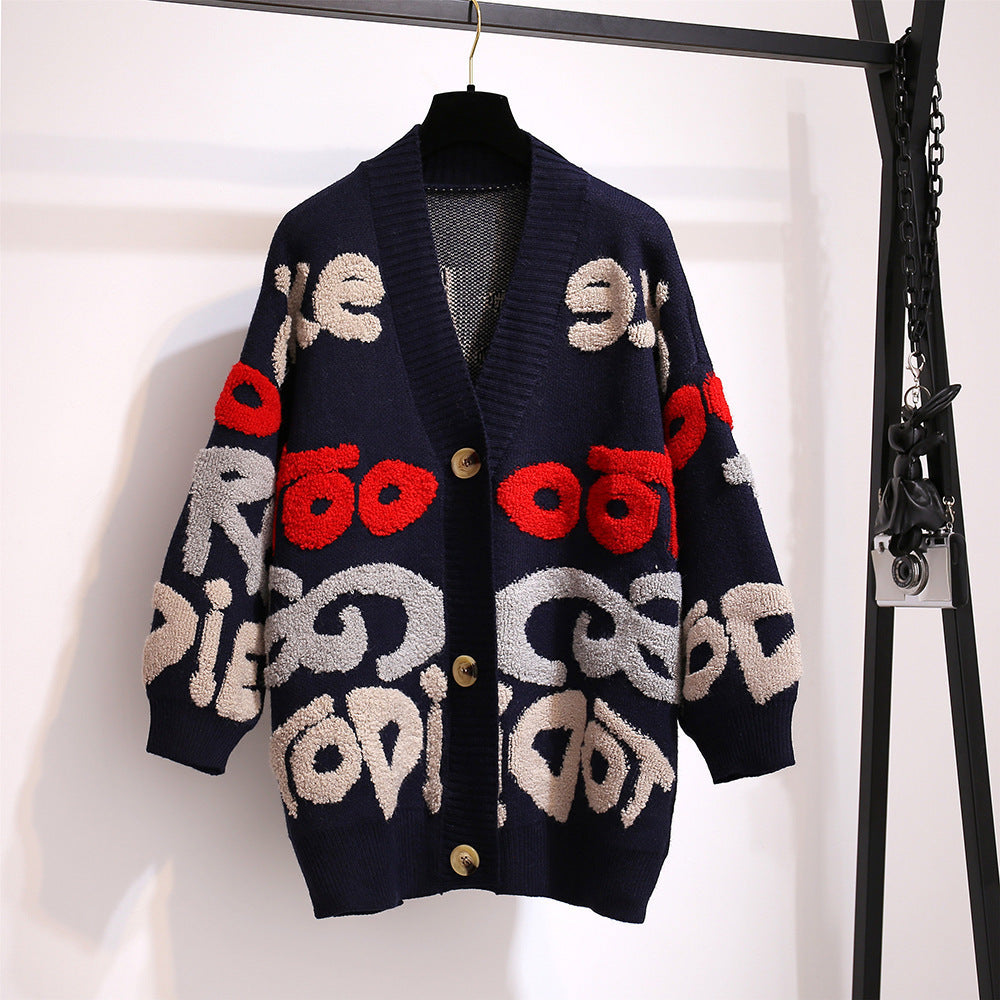 Foreign Trade Korean Style Loose and Idle Style Letter V-neck Mid-length Sweater