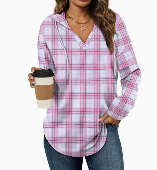 Hooded Pullover V-neck Adjustable Drawstring Casual Plaid Long Sleeve