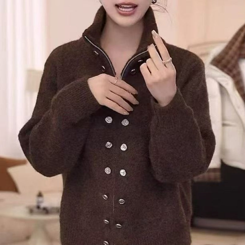 Gray Heavy-duty Double-breasted Stand-collar Sweater Coat