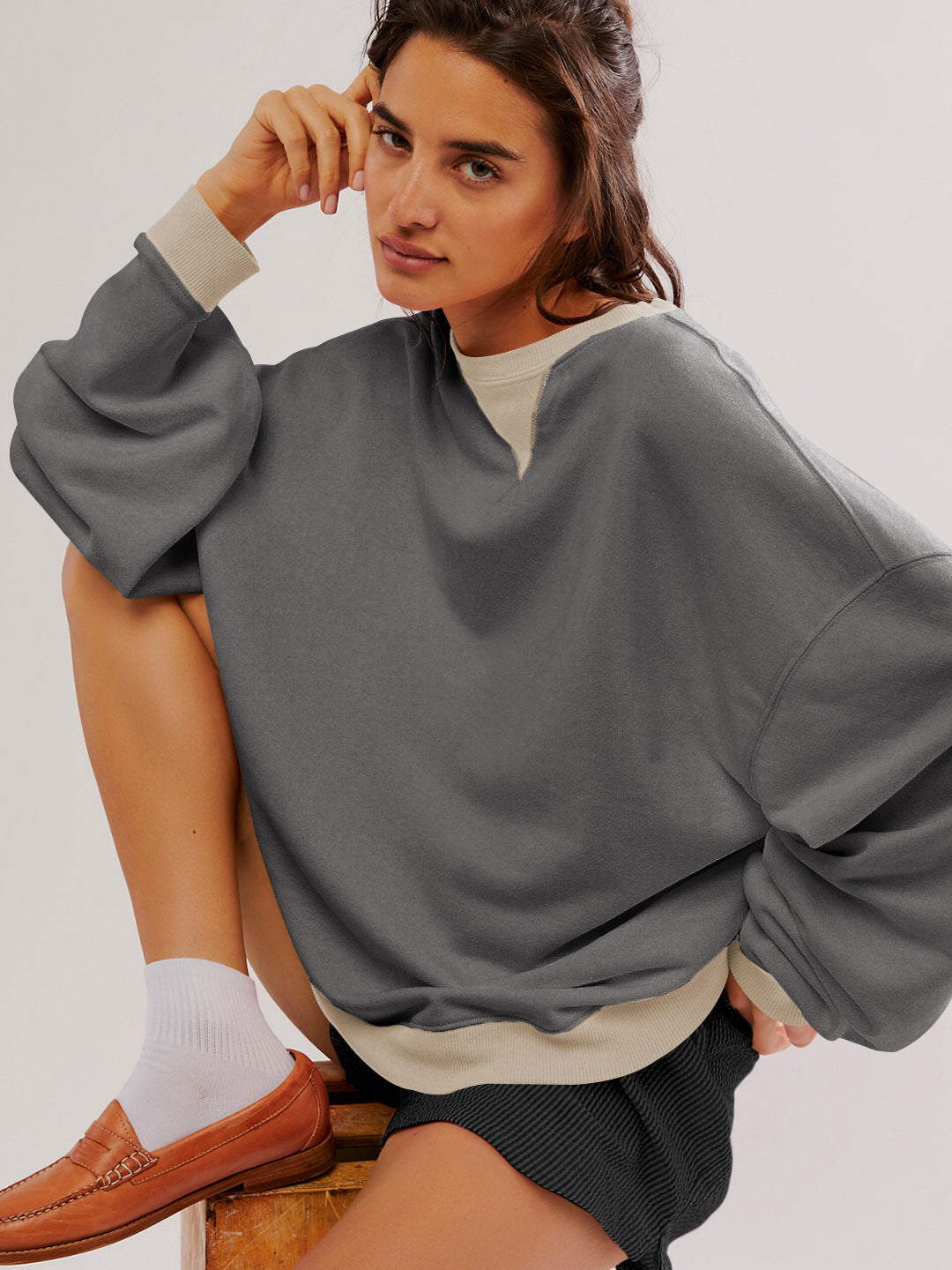 Color-Block Lantern Sleeve Casual Pullover Sweatshirt