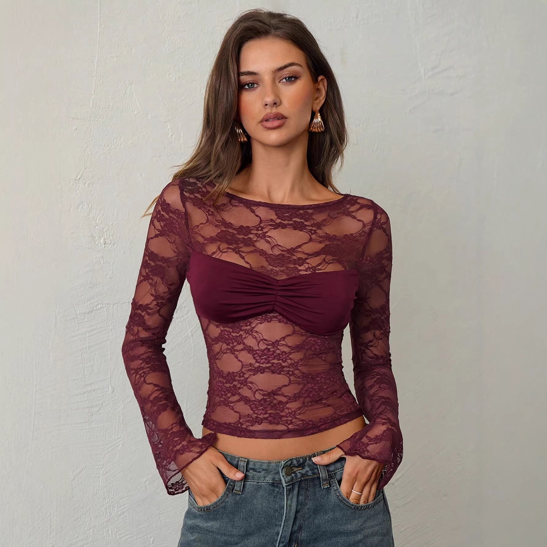 Wine Red Lace Sheer Long Sleeve Top – Slim Fit Street Style