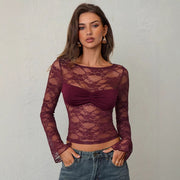 Wine Red Lace Sheer Long Sleeve Top – Slim Fit Street Style