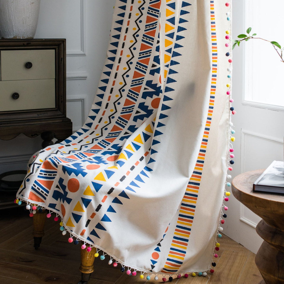 Curtain Cotton and Linen Printed Colorful Fur Ball Bohemian Style Country