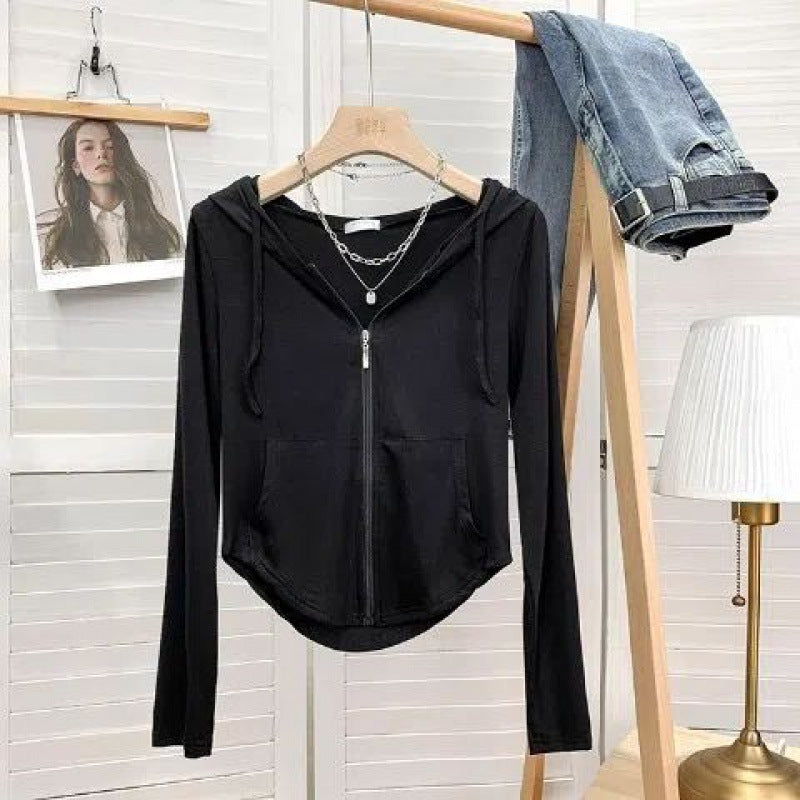 White Hooded Long Sleeve Zip-Up Crop Sweater